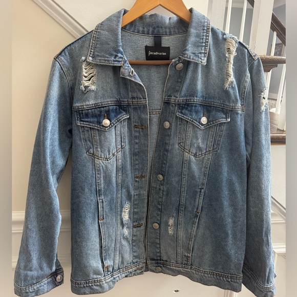 stradivarius Jackets & Blazers - Stradivarius Distressed Denim Jacket in Blue, Size: S